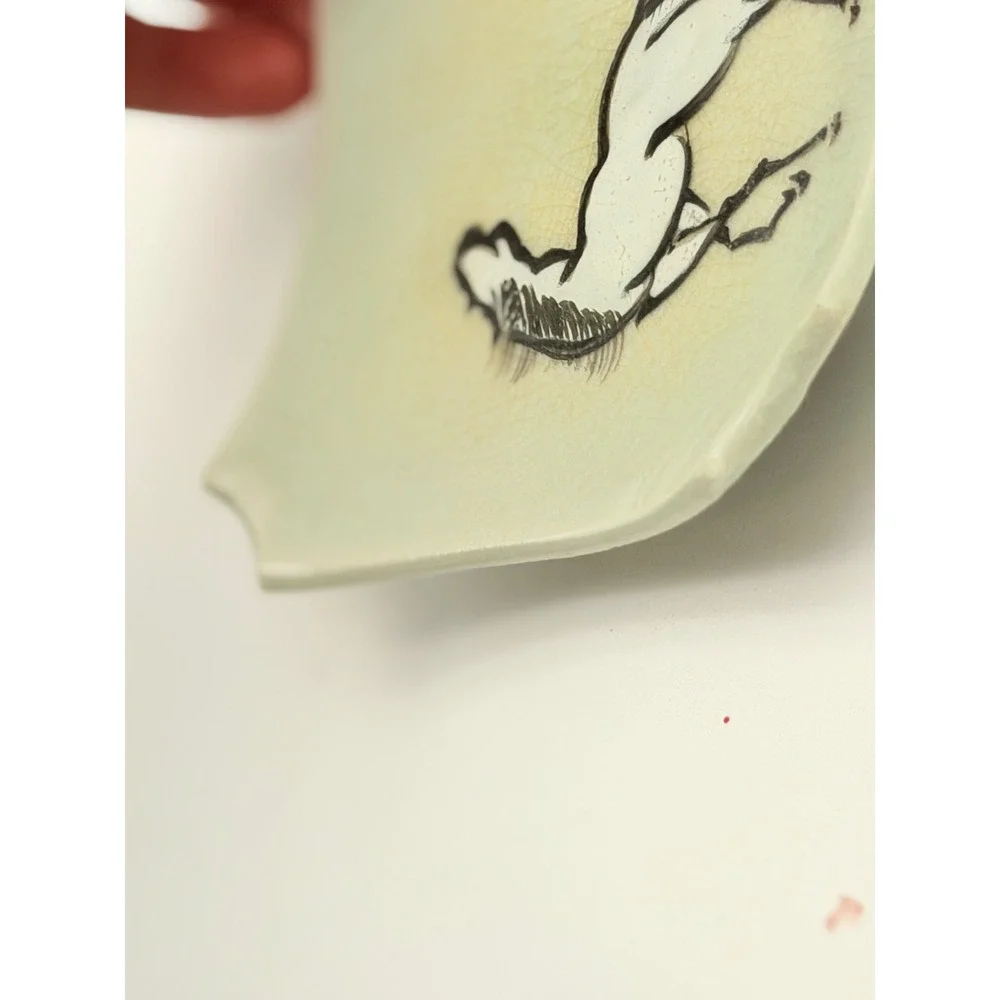 Vintage Celadon Crackle Glaze Horse Trinket Dish Asian Hand Painted Square Plate